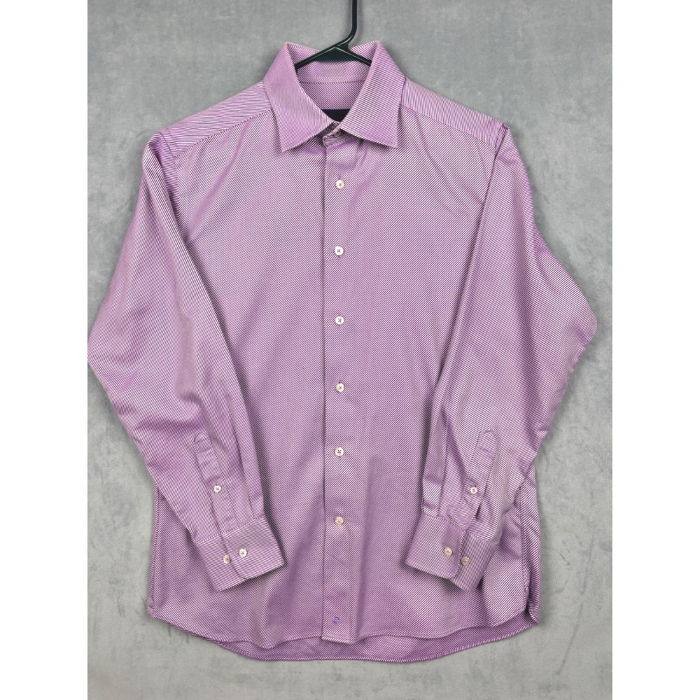 David Donahue Mens Trim Fit Purple White Stripe Cotton Dress Shirt Spread Collar